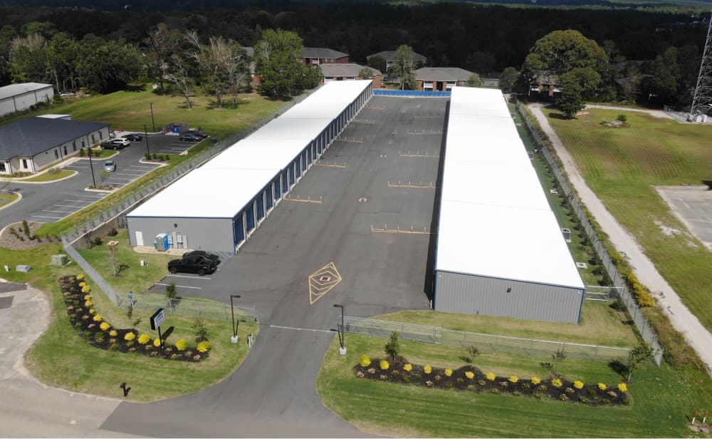 Overview of Spanish Fort Climate-Controlled Oversized Storage Facility showing wide driveway and large units